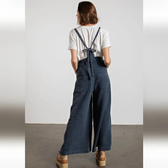 New! Easel Faded Denim Blue Washed Cotton Jumpsuit Overalls - Picture 3 of 5